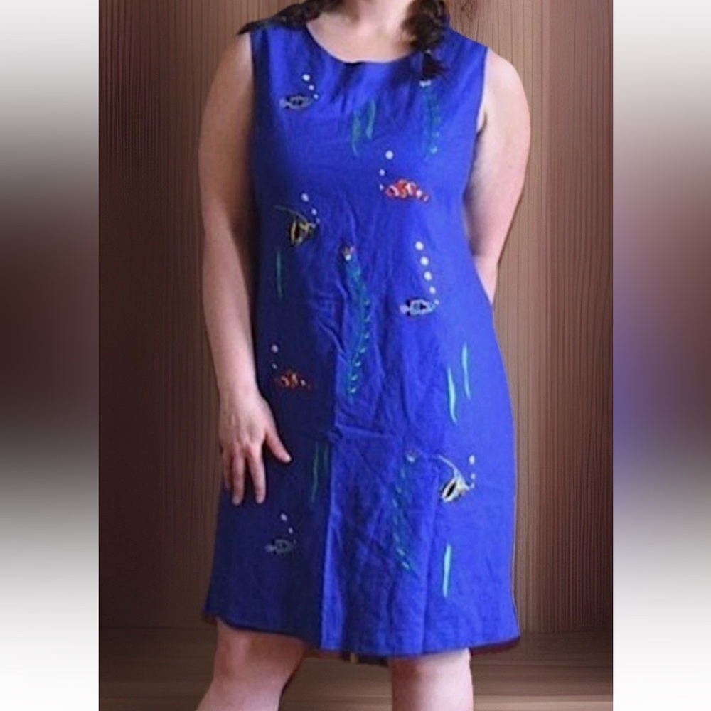 Vintage Ultra Dress Blue Linen Blend Fish Embroidered Sheath Size 14 Art Wear Z